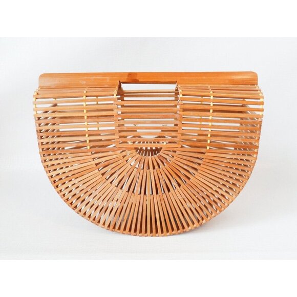 Vintage Bamboo Half Moon Cage Purse Basket Handbag 1970s - Picture 3 of 8